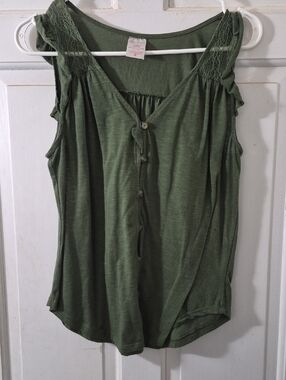 No Boundaries Olive Green Button-Front Lace Shoulder Tank